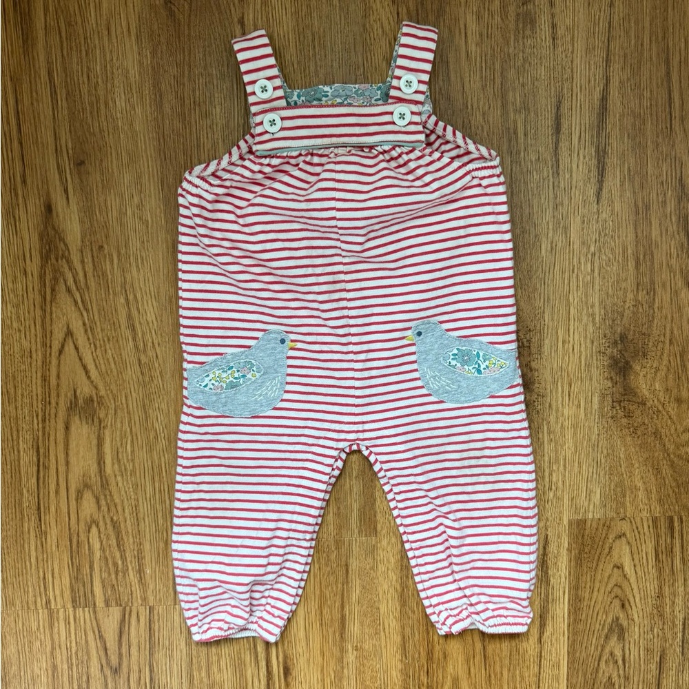 Baby Boden Red and White Striped Overalls With Bird Appliqué Size 6-12 Months